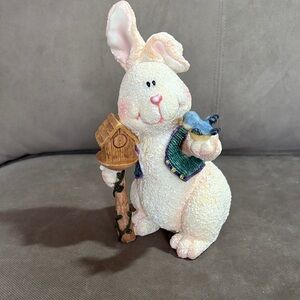 Easter Bunny Figurine with Bird and Birdhouse - Cream